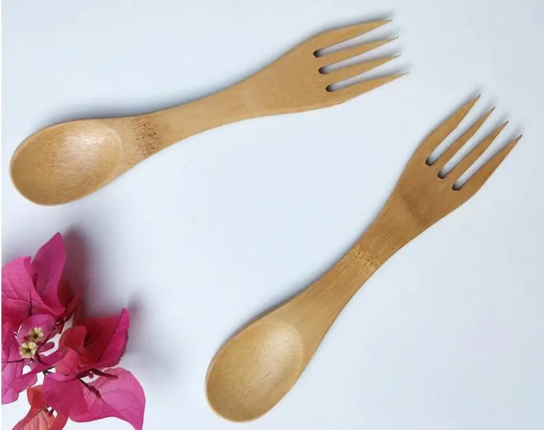 Free Shipping Natural Bamboo Spoon Fork All IN One Portable Travel Cutlery Set Wholesale Bamboo Dinerware