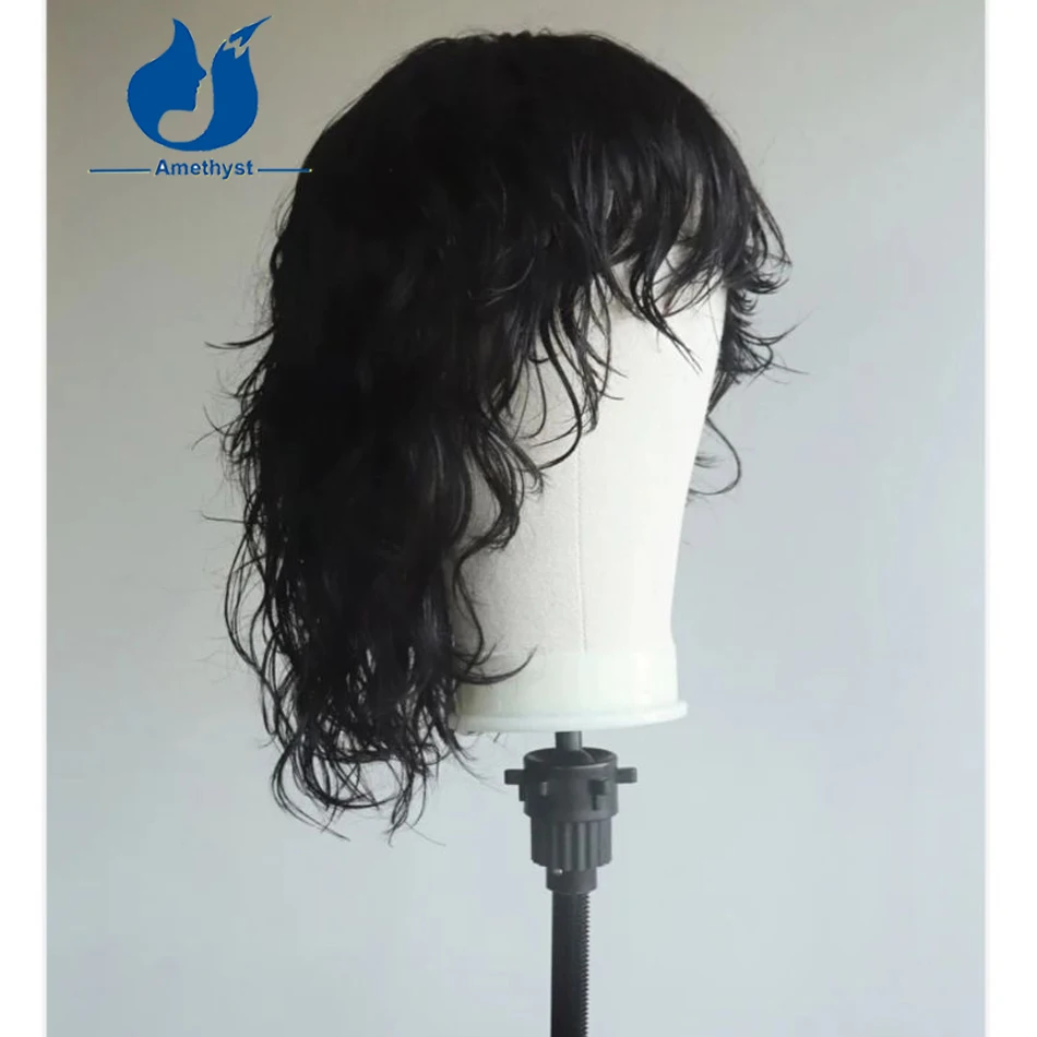 Amethist Losse Golf Wolf Cut Menselijk Haar Pruik met Pony voor Mannen Hoofdhuid Top Volledige Machine Gemaakt Mullet Pruik Natuurlijke Zwarte Remy Haar