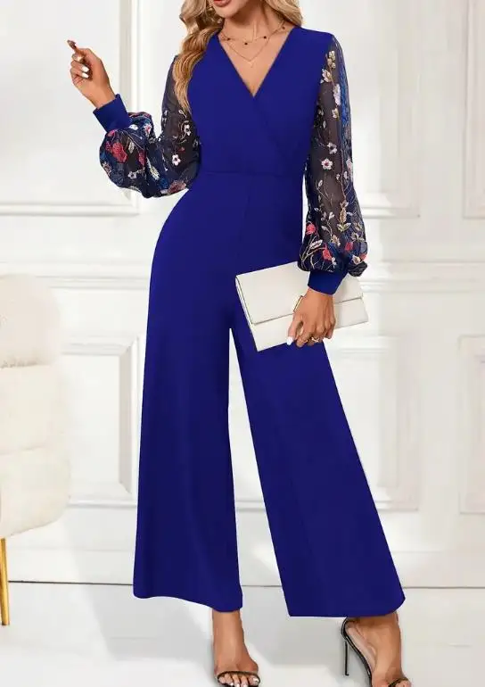 

Spring and Summer Women's Jumpsuit with Cross Collar Knitted Patchwork Embroidered Lantern Sleeve Jumpsuit and Flared Pants
