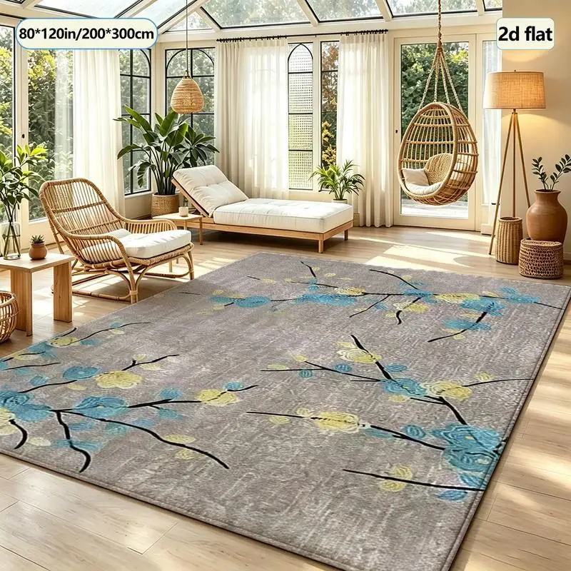 Gray Background Blue Yellow Flowers Carpet Oriental Branches Floral Home Decor Living Room Bedroom Carpet