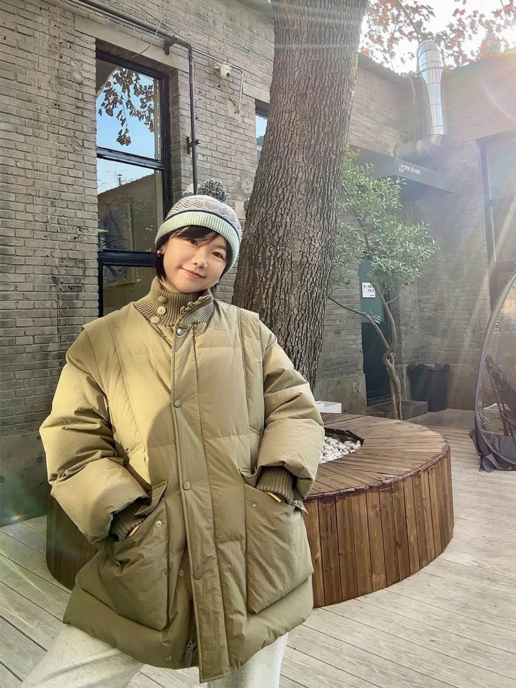 

Теплая зимняя куртка из 90% белого гусиного пуха с высоким воротником, средней длины, практичная, для повседневной носки, прямого кроя