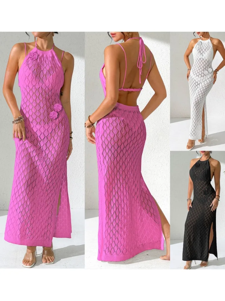 Robe de plage en tricot pour femmes, Sexy, ajourée, col rond, sans manches, Cover-Up pour Bikini, robe de vacances, été, 2026