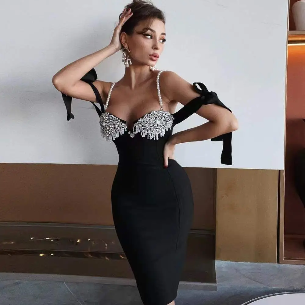 High Quality Black Off The Shoulder Pearl Slip Sparkly Beading Rayon Bandage Dress Elegant Evening Party Vestidos