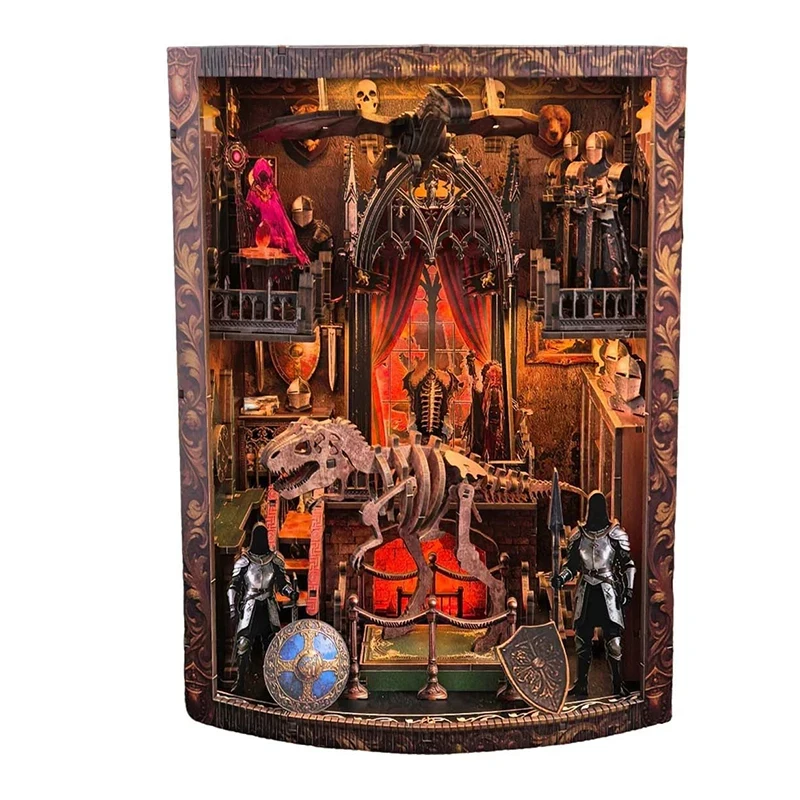 

OUZEY Wooden Knight Book Nook Shelf Insert DIY Model Kit With Lights Dragon Bookend Miniature Craft for Friends Gifts