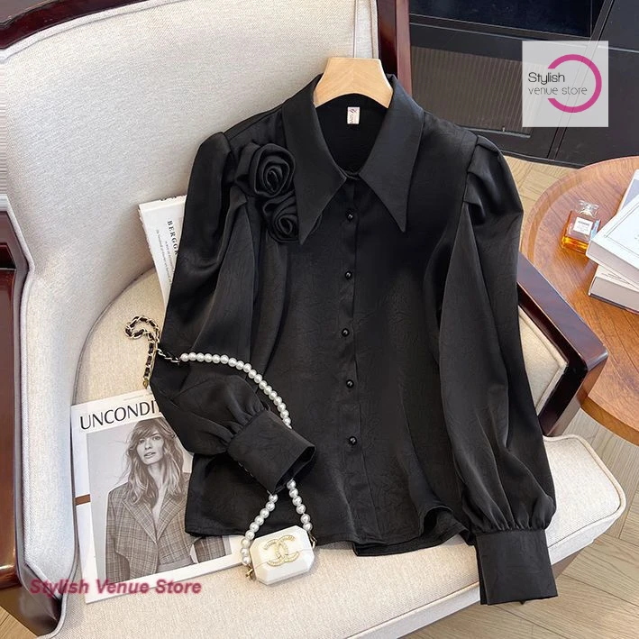 

French vertical collar flower V-neck shirt women's spring and autumn new long-sleeved bubble wind cardigan French satin top
