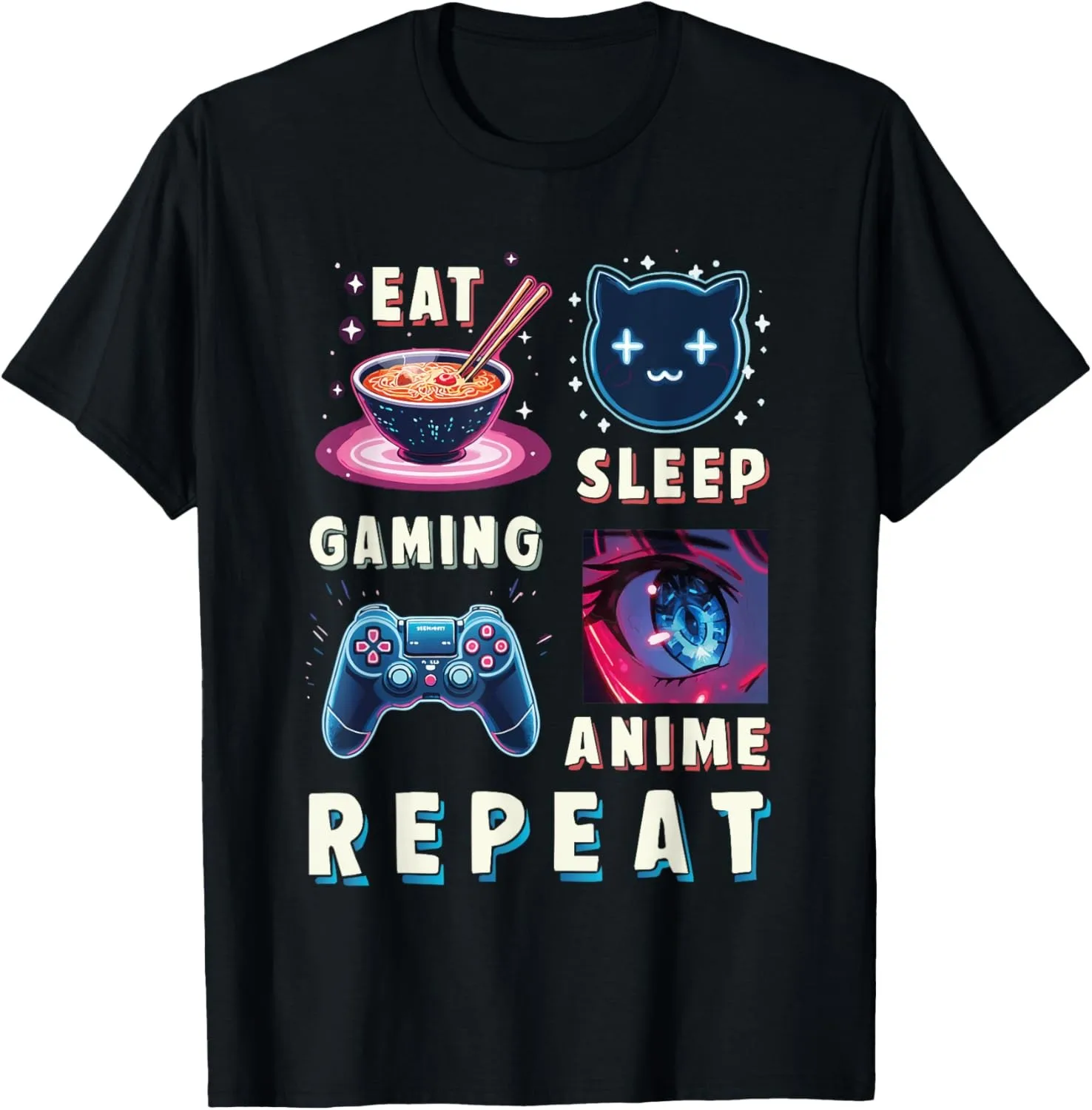 Eat Sleep Anime Repeat Kawaii Otaku Manga Japan Fan Kanji T-Shirt Print Original Design Gifts  Mens Clothing Summer Tops