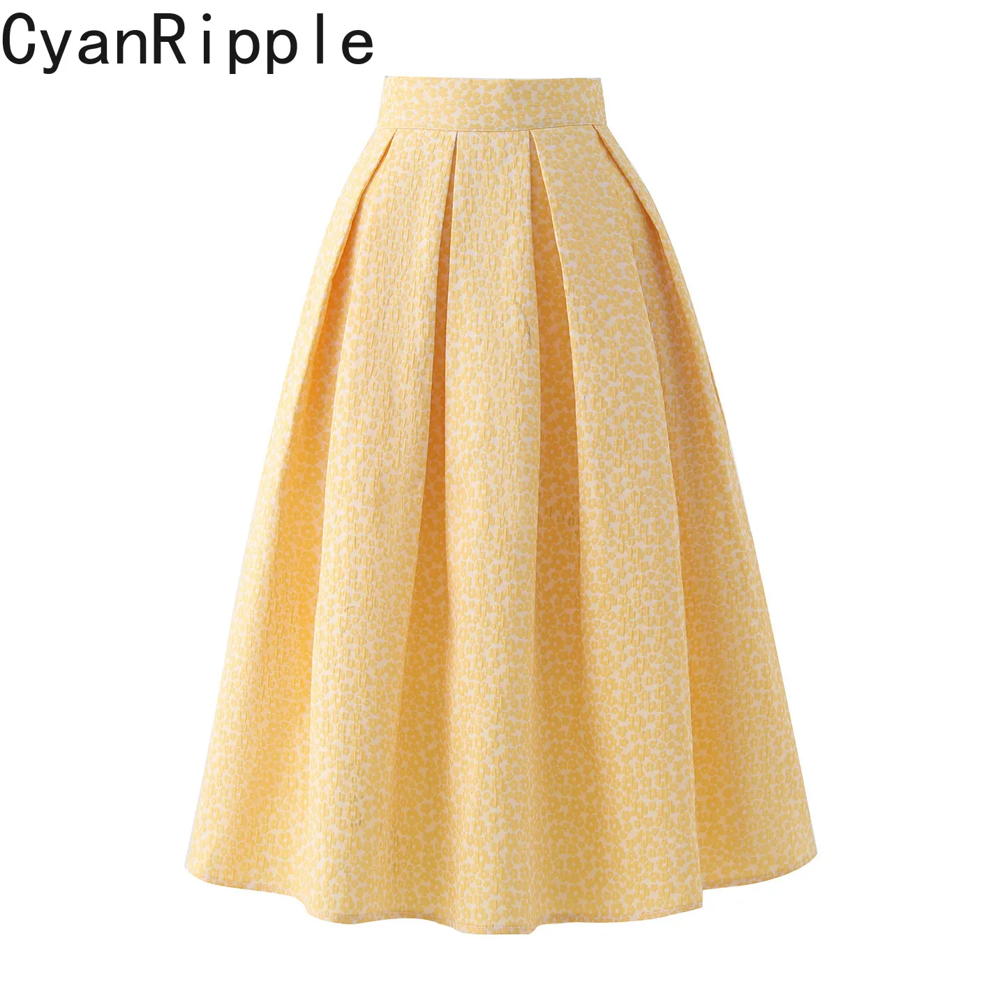 

High Quality New Spring Summer Yellow Embroidery Jacquard Floral Skirt Original All-match High Waist Elegant Mid-length Skirts