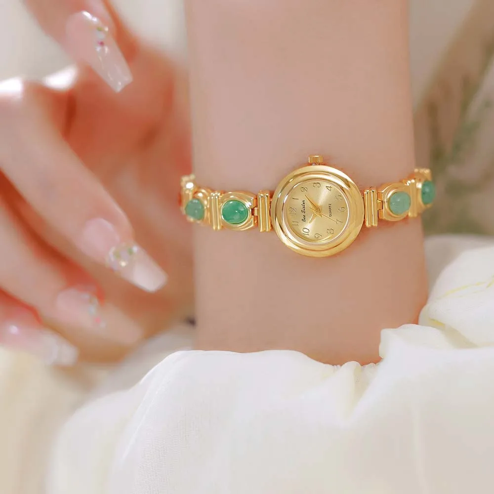 Vintage Women's Watches Fashion Naturally Jade Jewelry Bracelets High Quality Gold Wristwatch Retro Quartz Ladies Dress Watches