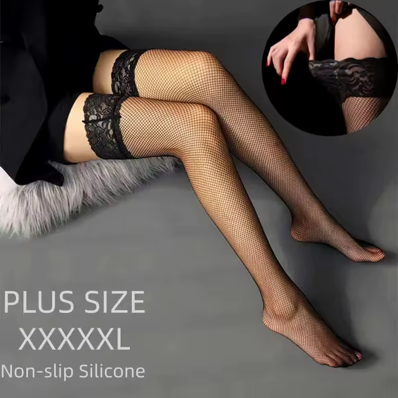 Large Plus Size Black Lace Top Fishnets Long Socks Silicone Non-slip Thigh Over Knee High Mesh Stockings for Girls Women XXXXL - Image 5