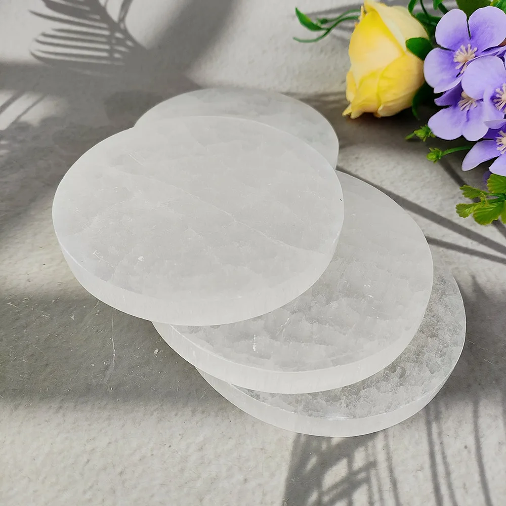 10CM Natural Crystal Selenite Slice Selenite Round Slab White Gypsum Charging Plate For Cleansing Healing Meditation Fengshui