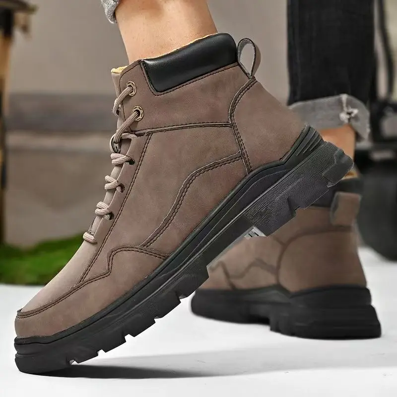 الرجال جلد طبيعي حجم كبير عالية أعلى أحذية العمل الخريف الشتاء سميكة وحيد عدم الانزلاق مقاوم للماء الدانتيل يصل أحذية التنزه في الهواء الطلق