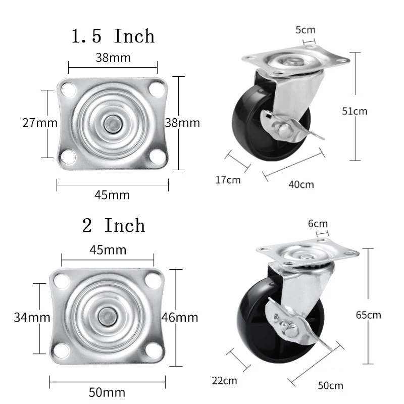 Set Of 4 1-2inch Caster Wheels PVC Universal Casters 360 Degrees Swivel Stem Wheels with Brake for Carts Furniture Trolley images - 6