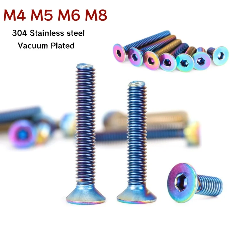 304 Stainless Steel M4 M5 M6 M8 Rainbow Colourful Hex Socket Flat Countersunk Head Screw Bike Stem Screw Steering Wheel Bolts