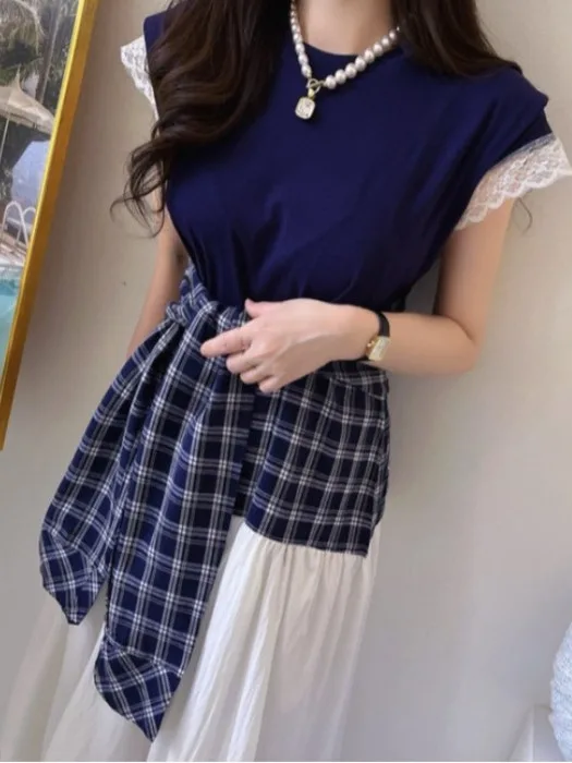 Vestido longo f vintage xadrez com renda e colete estilo coreano, e e moderno, com camadas.