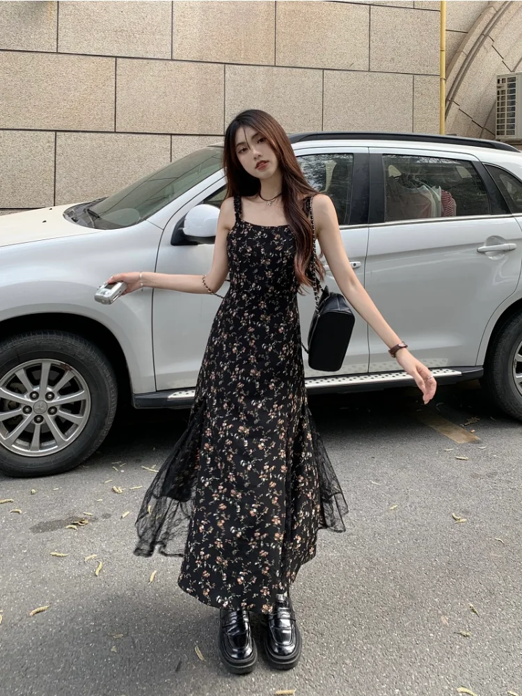 Deeptown Y2k Vintage Black Mesh Dress Women Korean Reviews Many Dresses Fairy Floral Summer One Piece Midi Slip Chiffon Vestidos