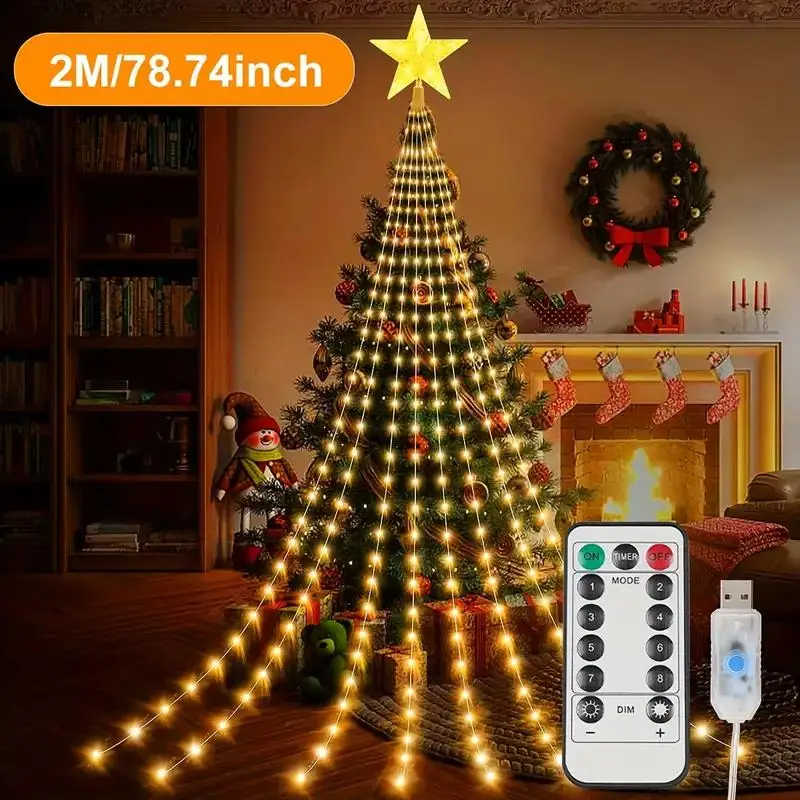USB Waterfall Lights with Remote Control，8 Modes Dimmable, Waterproof Fairy Lights for Christmas Bedroom Garden Decoration