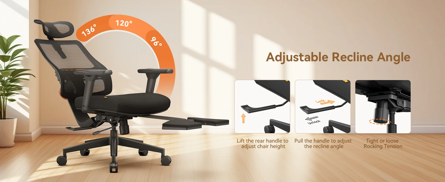 NEWTRAL MagicH-BP Ergonomischer Stuhl mit Fußstütze, automatisch ausgestellte Rückenlehne, adaptive Unterrückenstütze, verstellbare Armlehne, Kopfstütze – Detail 14