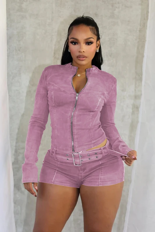 Sexy Denim Womens 2 Two Piece Set Stretchy Long Sleeve Zip Up Slim Jackets and Shorts Suits Y2k Streetwear Belt Jean Outfit Sets