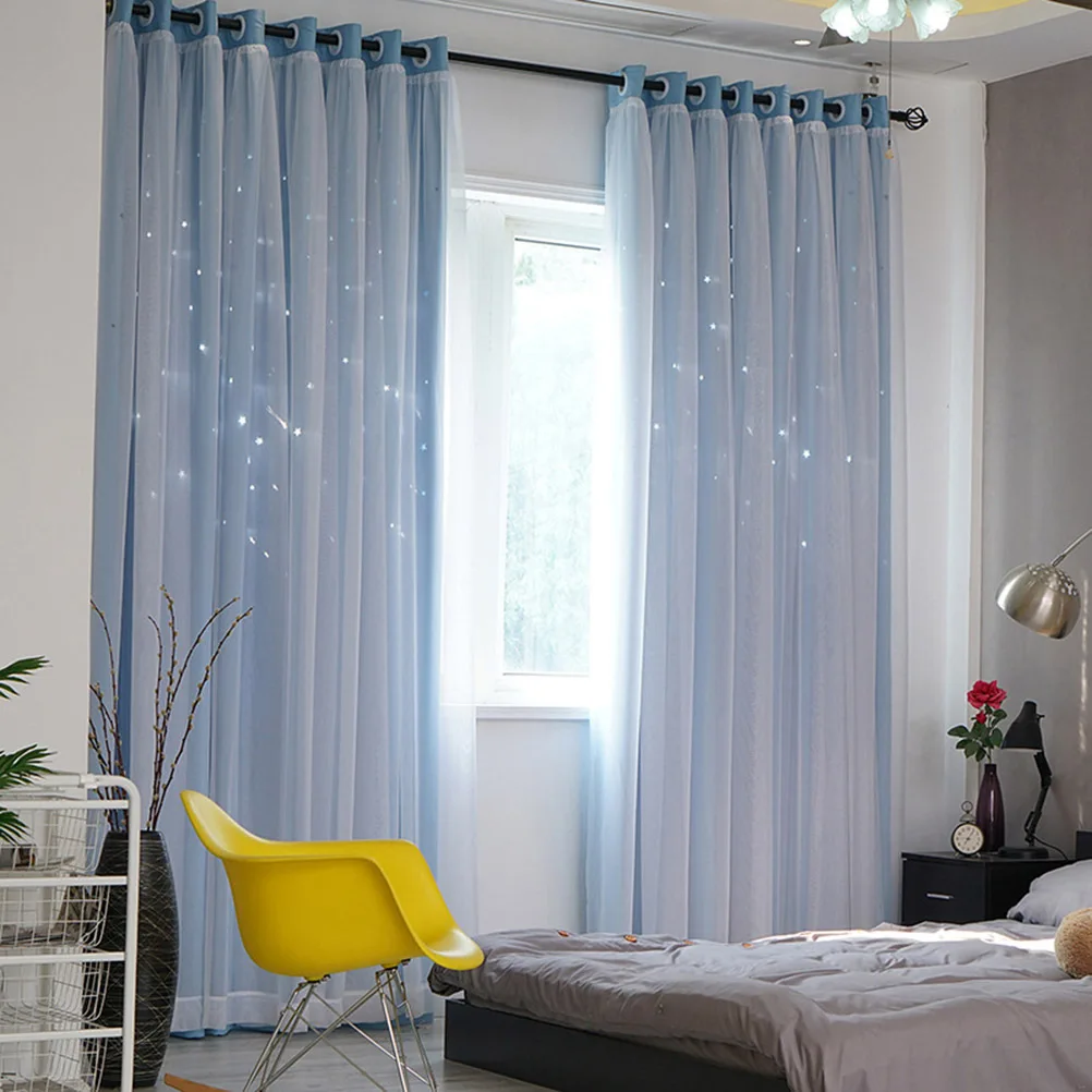 

Double-Layer Star Blackout Curtain Blue Premium Polyester Bedroom Window Drapes Grommet Curtains Effective Light Blocking