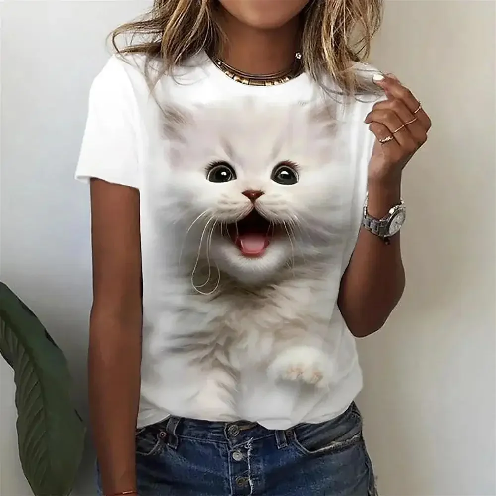 メンズ半袖ラウンドネックTシャツ,猫の写真,デジタル印刷,カジュアル,ファッショナブル,新品