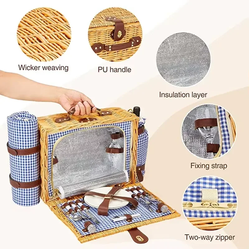 Picnic Basket Set for 2 Persons With Large Insulated Cooler Bag Wicker Picnic Hamper