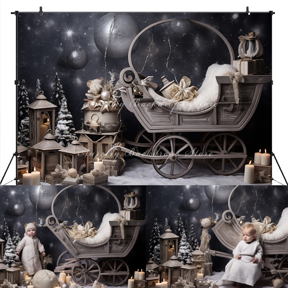 

Baby Stroller Backdrops Winter Kids Baby Photography Props Child Girl Photocall Xmas Tree Snowy Starry Sky Background