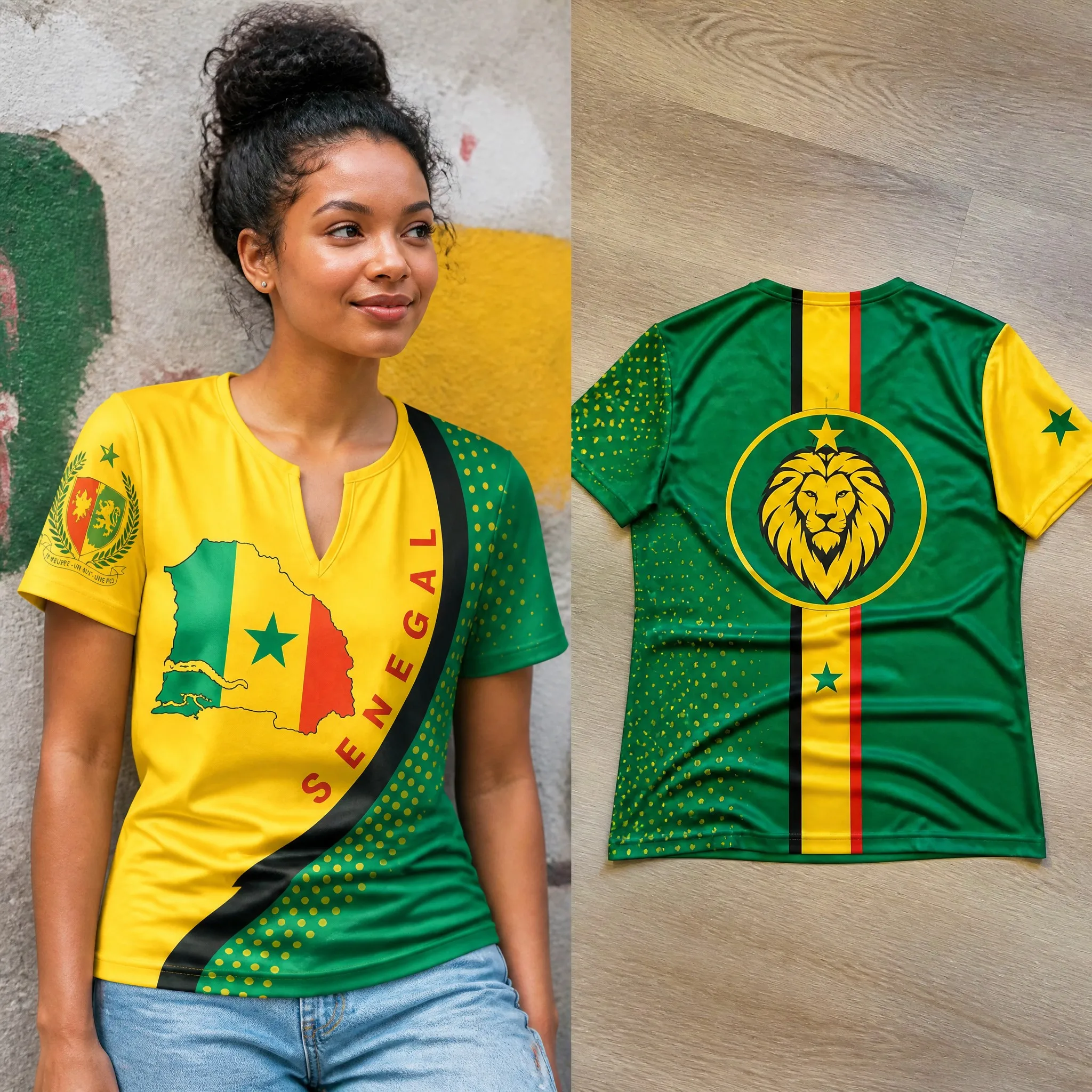 Womens Senegal Small V Neck T Shirts Yellow Crest Lion Stripe Print Casual Summer Short Sleeve Tops Heritage Pride Daily Outfits