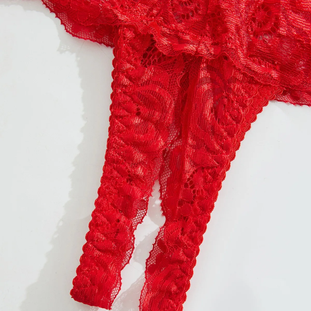 Valentine's Day French sweet two-piece set, red sexy women's half-exposed breast design open crotch panties, floral lace embroid - Image 4