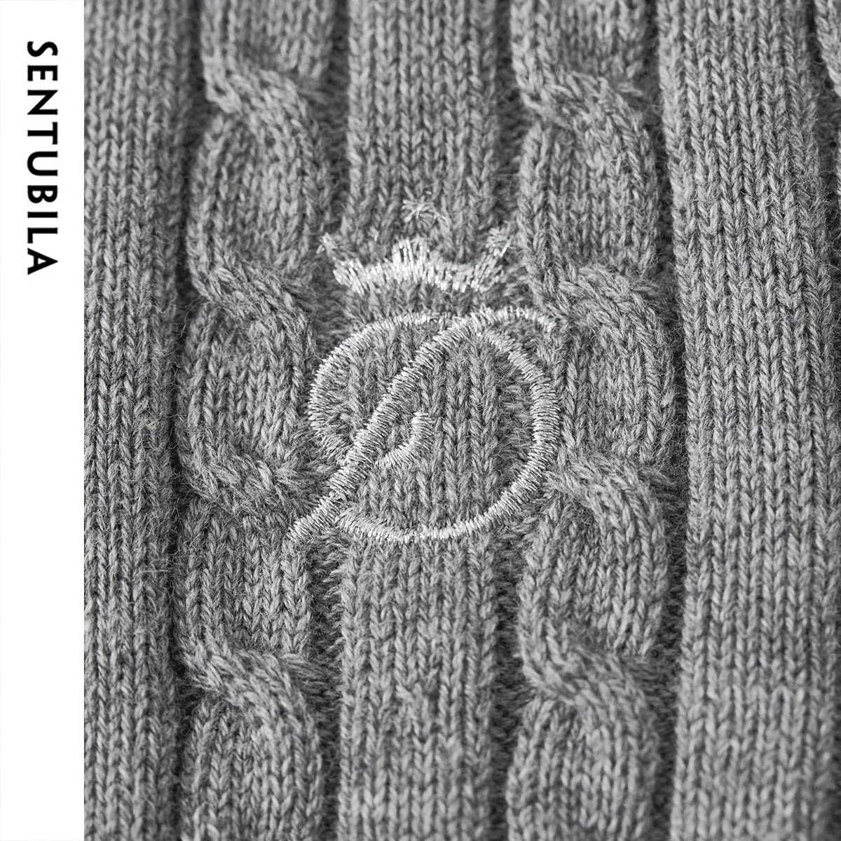 Sweter damski SENTUBILA, dzianina w warkocz, 100% bawełna, pulower, zimowy, haftowany, dzianinowy, długi rękaw, model W43E57175