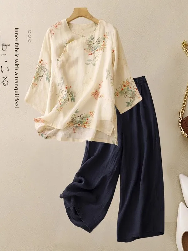 Ensemble tendance nationale Hanfu chinois pour femmes, haut imprimé en coton et lin amélioré, pantalon décontracté à jambes larges, ensemble deux pièces, nouvelle collection