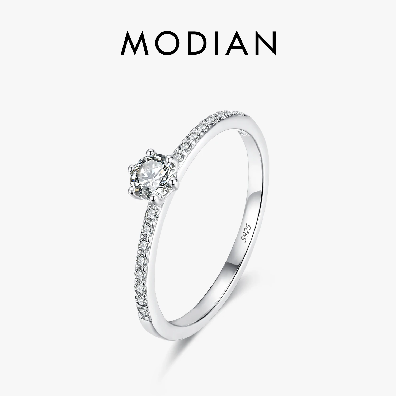 Modian Solid 925 Sterling Silver Simple Round Clear CZ Finger Rings For Women & Girls Cassic Wedding Statement Fine Jewelry Gift