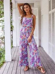 Mono largo elegante a la moda para mujer, monos sexis de pierna ancha con espalda descubierta, peleles florales informales sin mangas, ropa de verano, monos