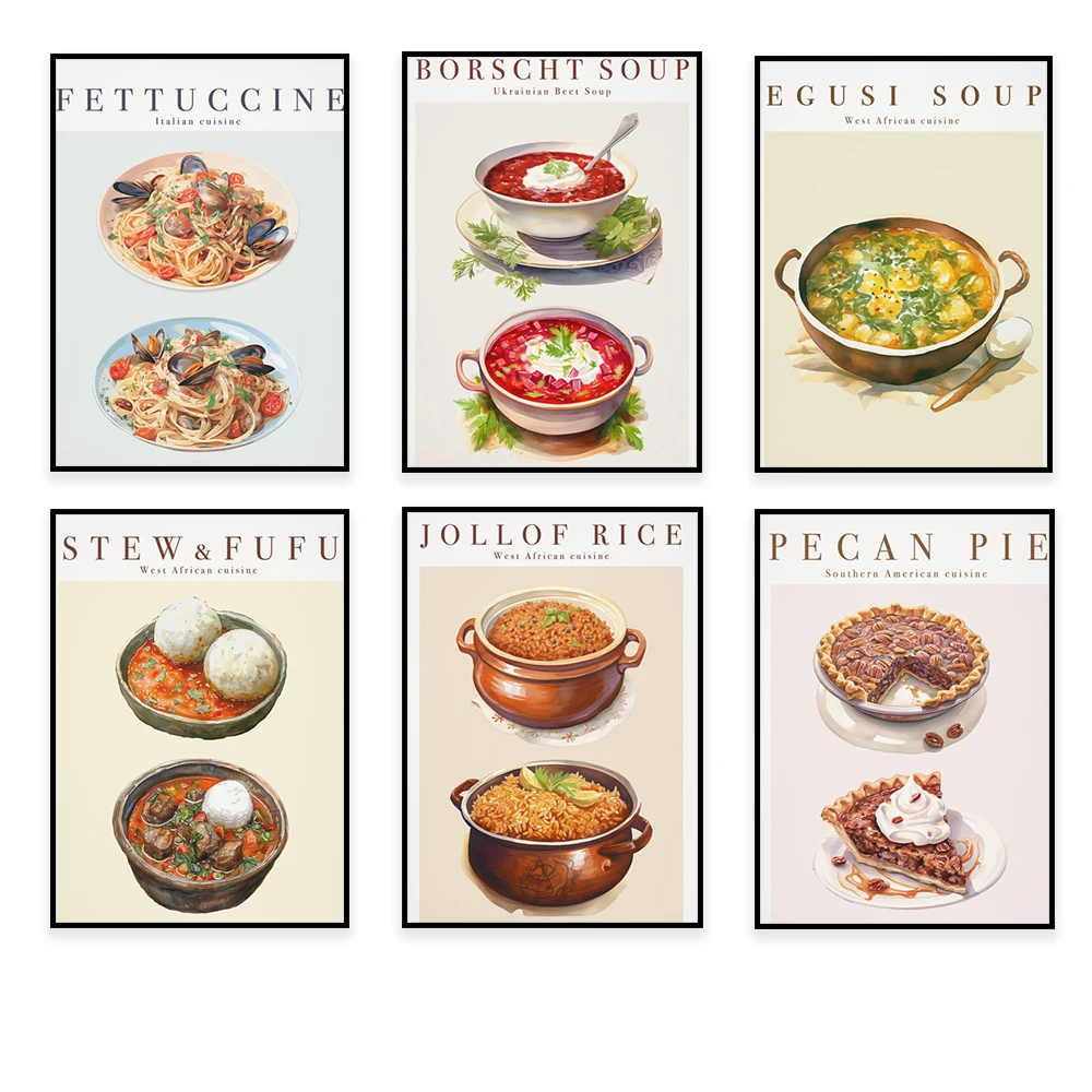 Egus soup, varenyky, beetroot soup, borscht, dessert gourmet pecan pie, seafood fettuccine, stew printable kitchen food poster