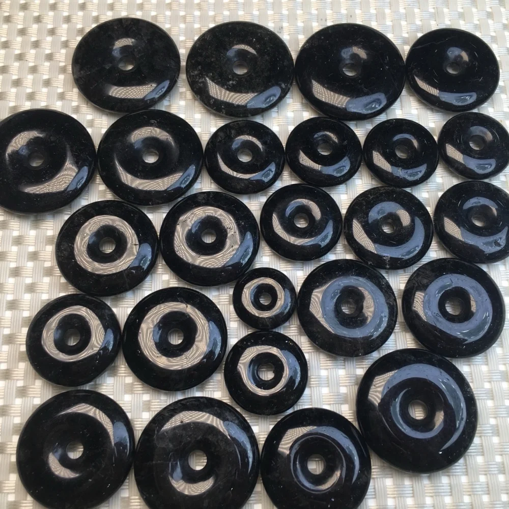 5PCS 15mm Natural Black Hair Quartz Jade Donut Carving Crystal Reiki Healing Jewelry Pendant Cute Rock Decoration for Gift