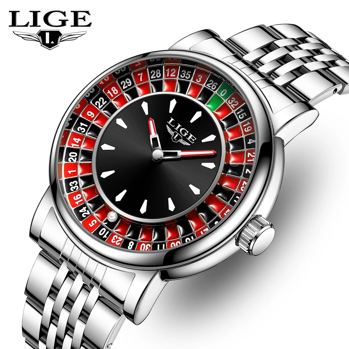 

LIGE Fashion Men Watch Rotating Dial Las Vegas Roulette Desktop Theme Watch Men Waterproof Luminous Stainless steel Clock Watch