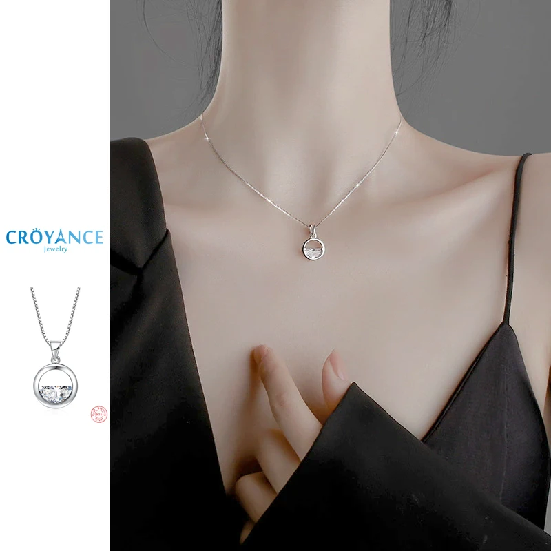 

925 Sterling Silver Jewelry Sexy Shiny Wave Crystal Round Pendant Necklaces Women Fine Gift Half Circle Rhinestone Choker Chain