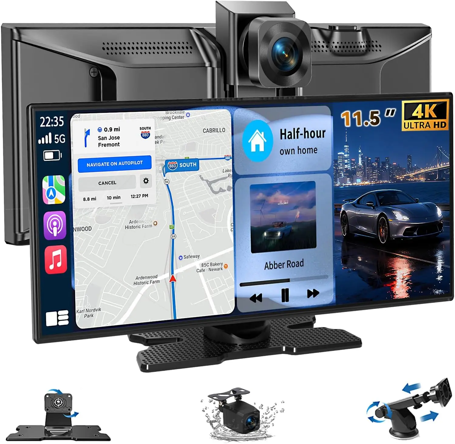 11.5' CarPlay Screen with 4K Camera, Android Auto, Voice Control, GPS, Bluetooth, Backup Camera