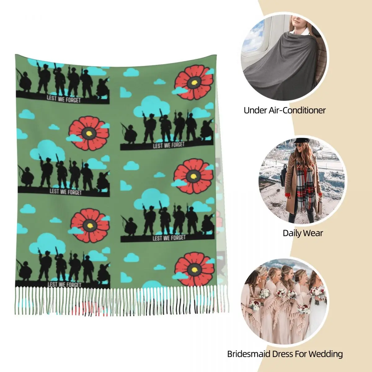 Remembrance Day Poppy Flower Design Lest We Forget Veterans Scarf Tassel Scarves Women Shawls and Wraps Fall Winter Shawl Wrap