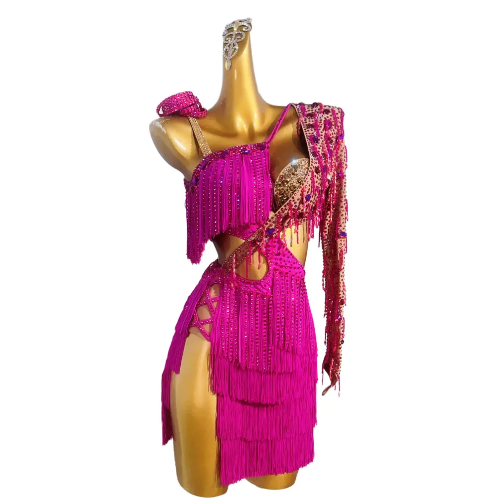 Latin Dance Dress High-end Custom Rose Red Strap Tassel Floral Dress Samba Tango Women\'s Adult Stage Costume