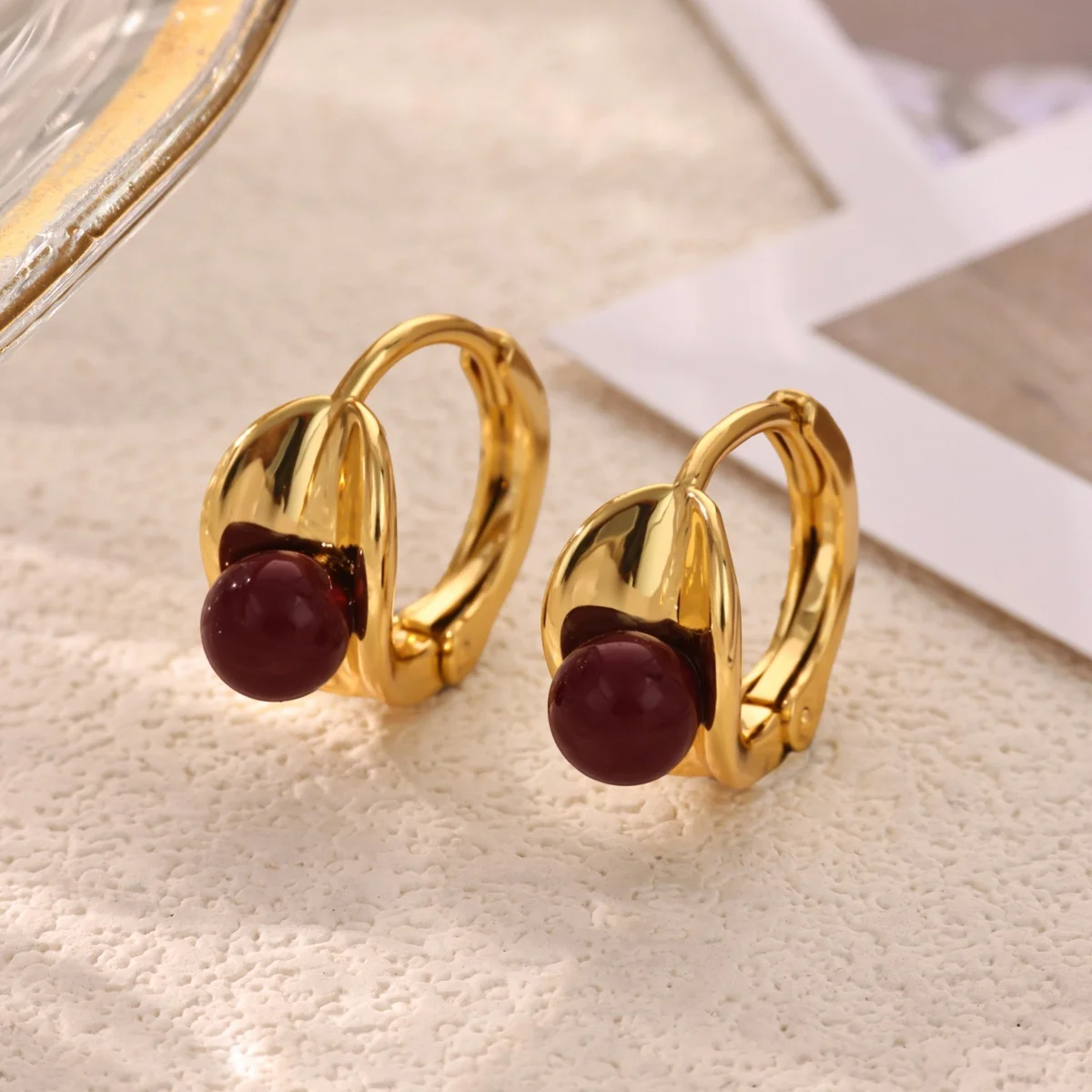 Minimalist Stainless Steel Balloon Dog Red Bead Huggie Hoop Earrings For Women Gold Color Metal Daily Trendy Jewelry Gift