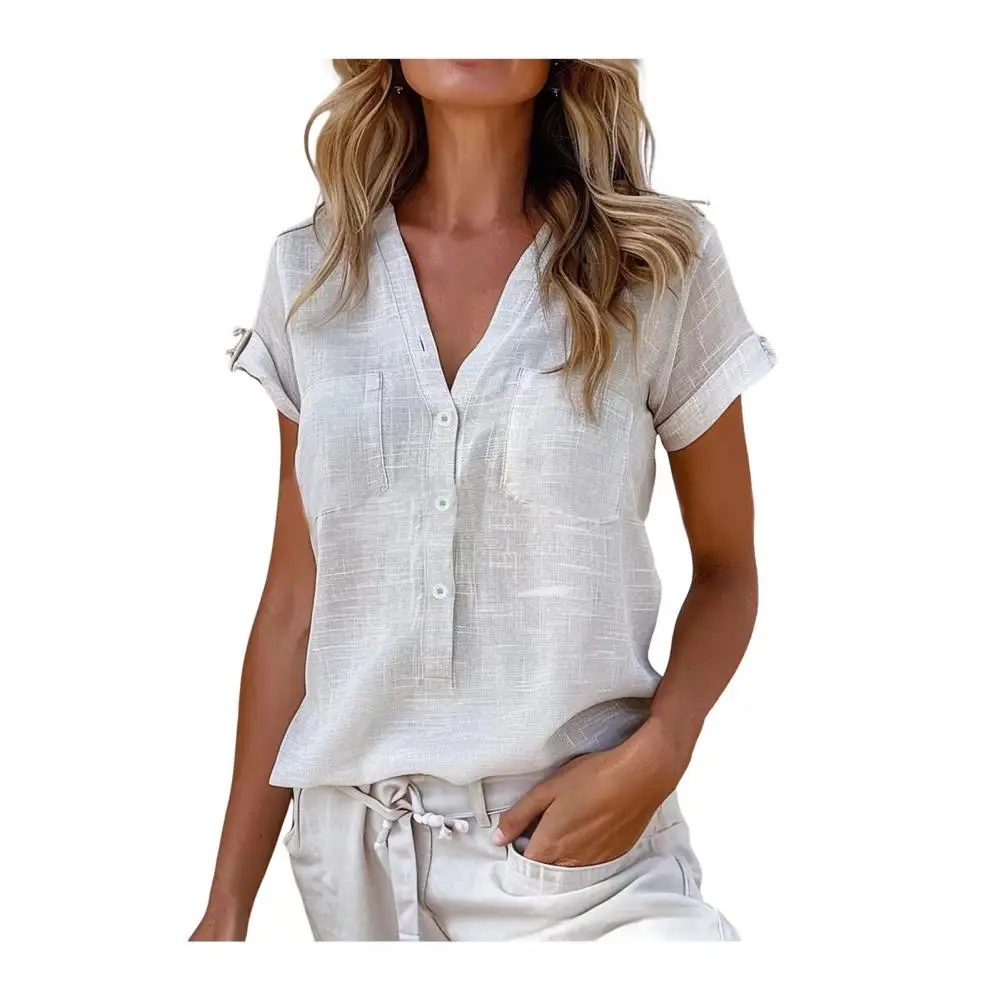 

Chest Pocket Button-up Stylish Women's V-neck Shirt with Buttons Pockets Solid Color Short Sleeve Top for Summer Casual Wear