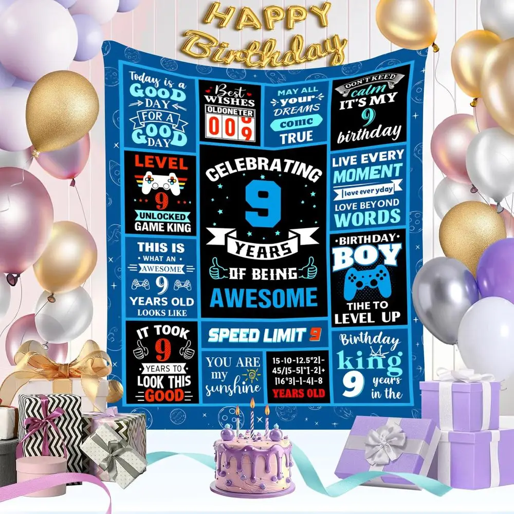 

Vibrant Flannel Throw Blanket, 9-Year-Old Boy Birthday Gift, Motivational Playful Phrases, Blue Circular Pattern, Cozy for Bedro