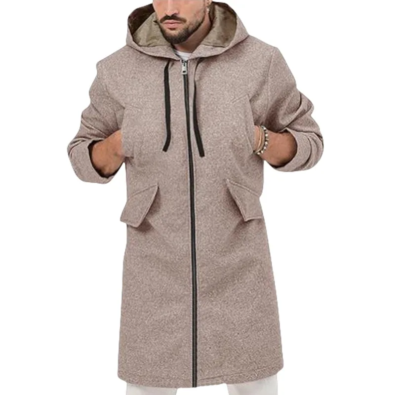 In Stock European Version24New Woolen Men's Coat Multi-Pocket Hooded Jacket Burst Single Zipper Cardigan