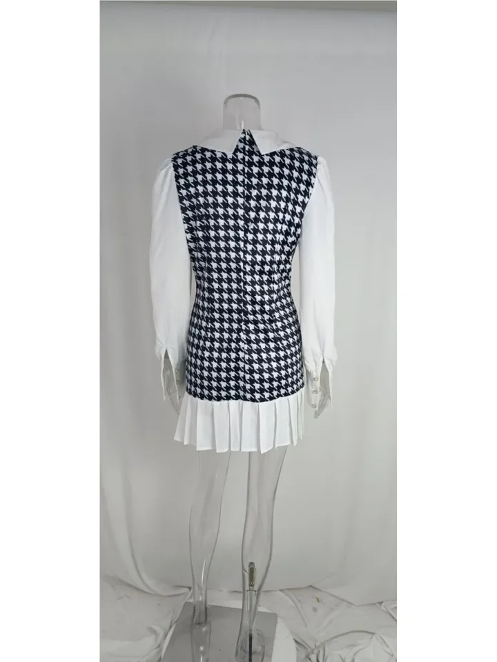 Fashion Splicing Women's High Waisted Mini Skirt 2023 Autumn New Women's Button Elegant Shirt Collar Thick Pleated Women's Dress