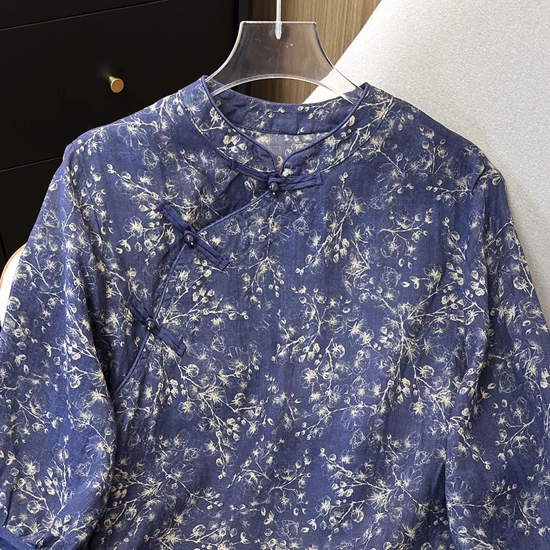 Neue Chinesische Sle Floral Print Baumwolle Leinen irt frauen Sommer Große Größe Reformiert Tang Kostüm Top Stehkragen Button up