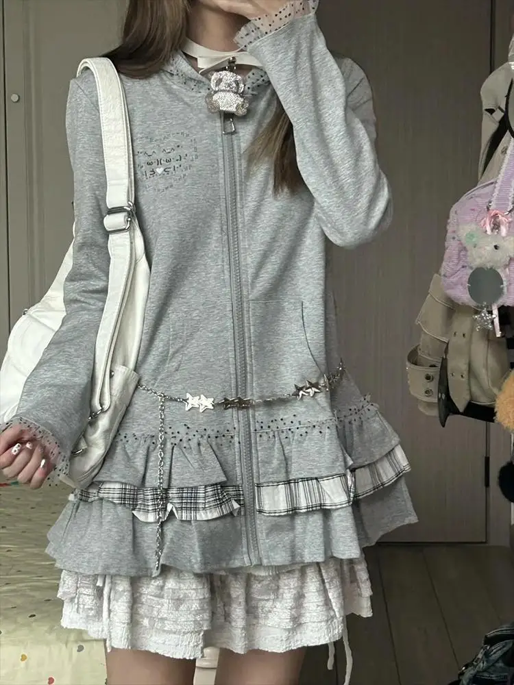 Y2K hot girl gray lace splicing plaid sweater hooded cardigan coat Harajuku casual retro autumn new ins cake skirt