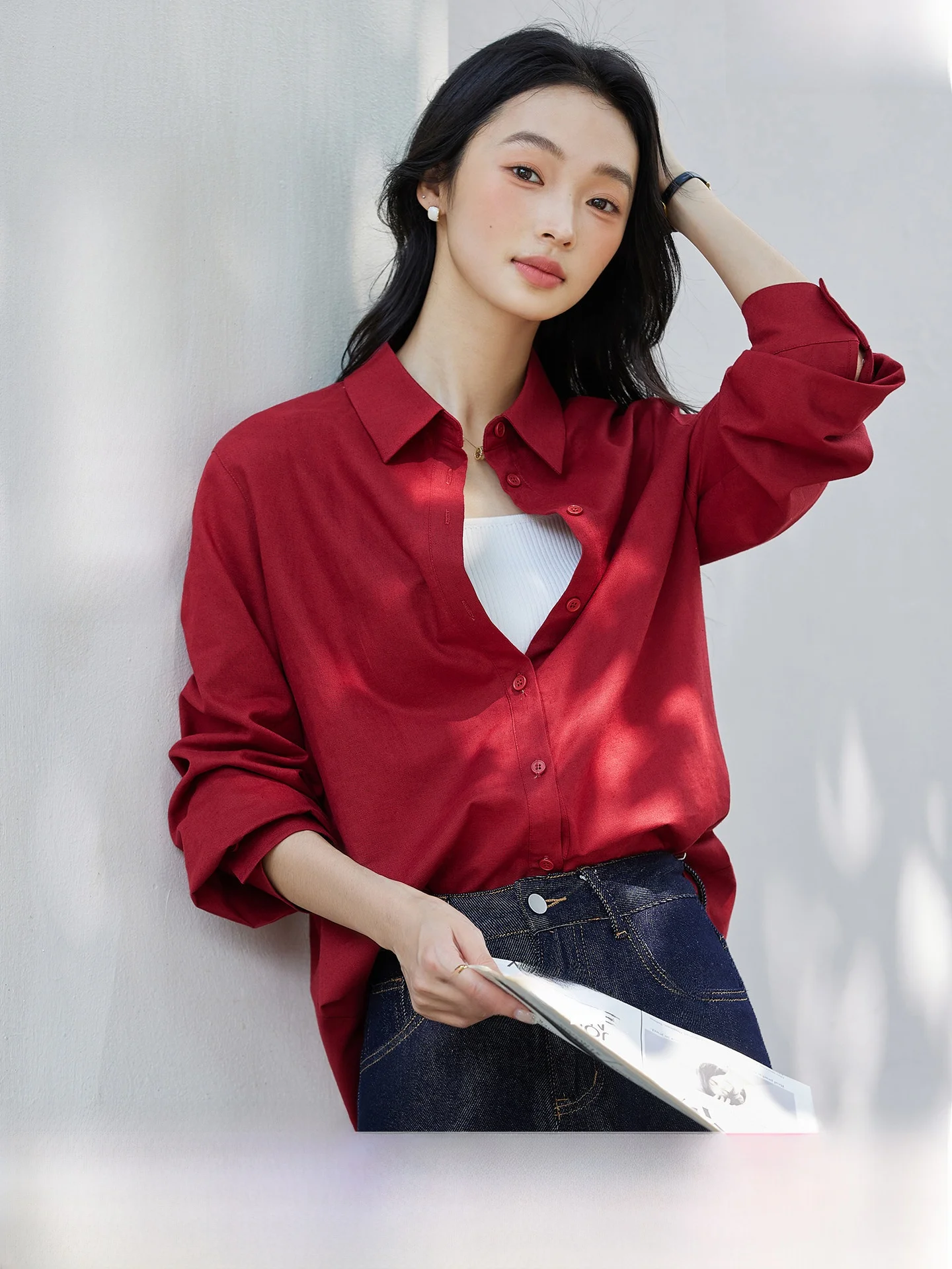 

Women's Cotton Linen Blend Long Sve irt Jaet 2025 Autumn New Design Casual Sle Pure Color Button up Top