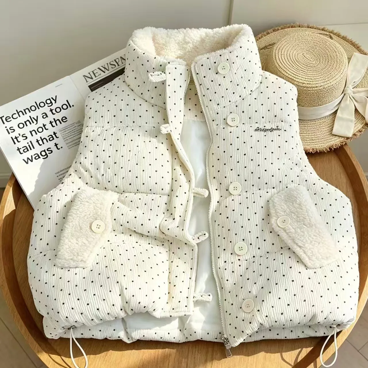 Fall Winter Korean Versatile Sweet Polka Dot Parkas Vest Petite Japanese Warm Fashion Sleeveless Casual Cozy Trendy Soft New