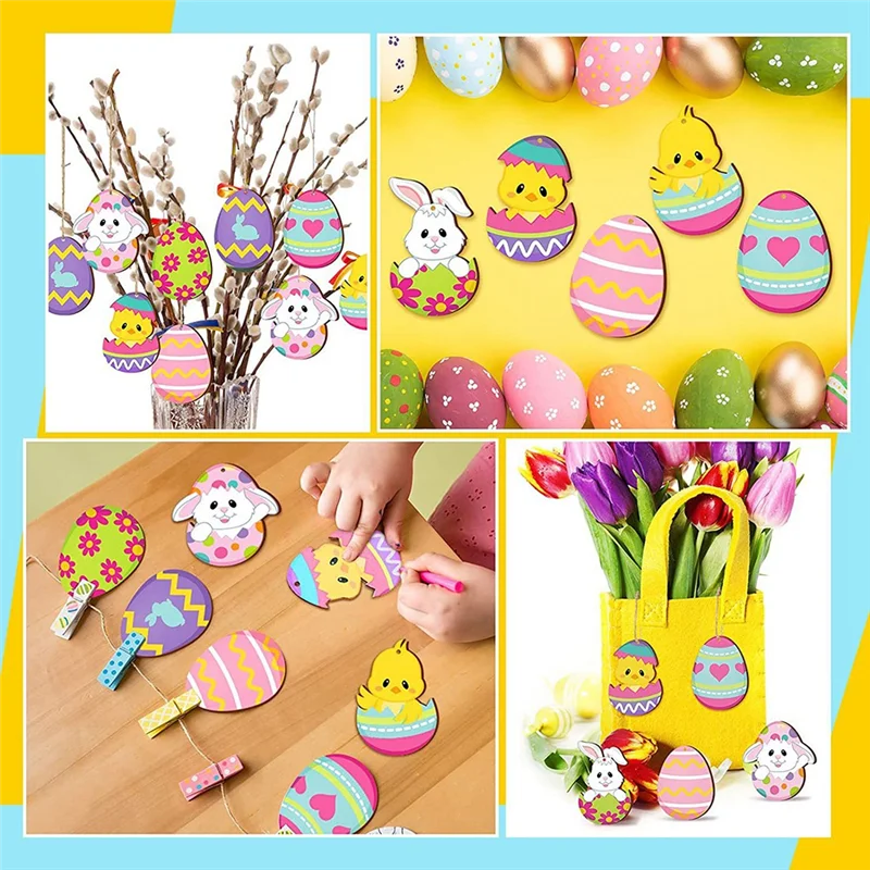 

TA-24PCS Easter Day Wood Ornaments Hanging Decoration For Home Office Party Classroom Decor Bunny Flower Style With Lanyard