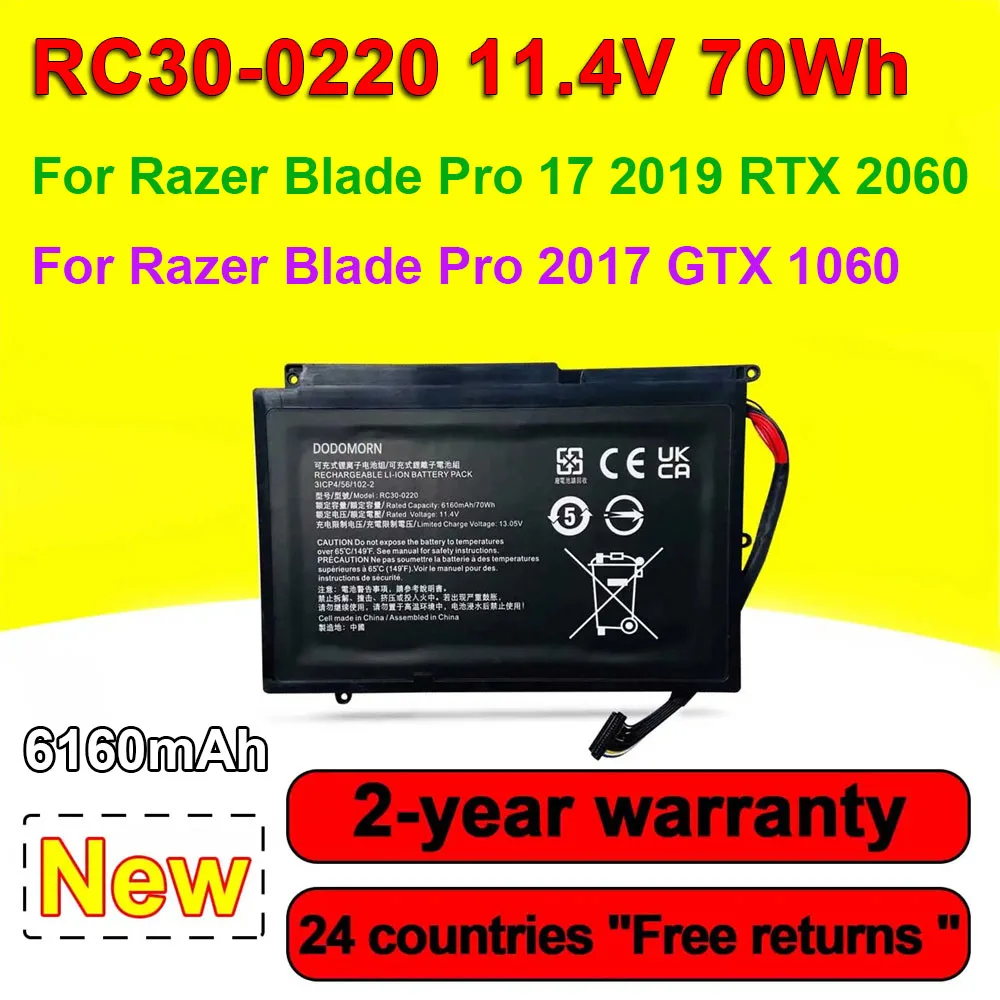 RC30-0220 Laptop Battery For Razer Blade Pro 2017 GTX 1060,17 2019 RTX 2060 2070 2080 Series 3ICP4/56/102-2 11.4V 70Wh 6160mAh